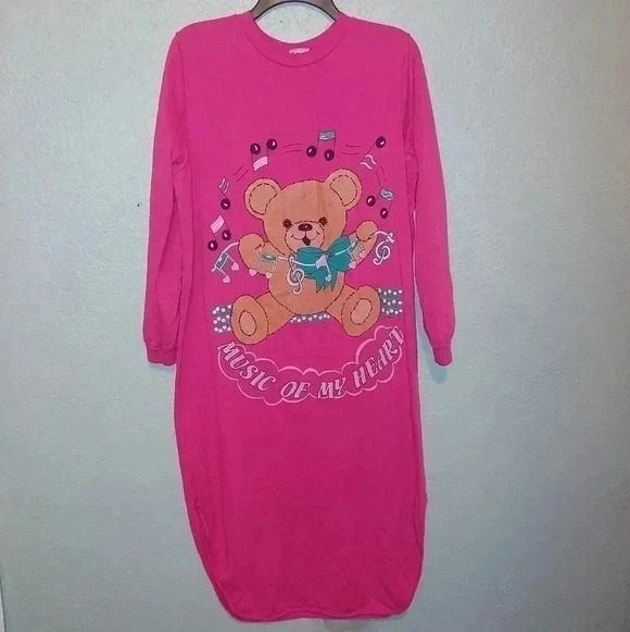 Vintage 80’s Pink Comfy Club Bear Sweater Long Sleeve Nightgown Size Medium - Picture 1 of 7